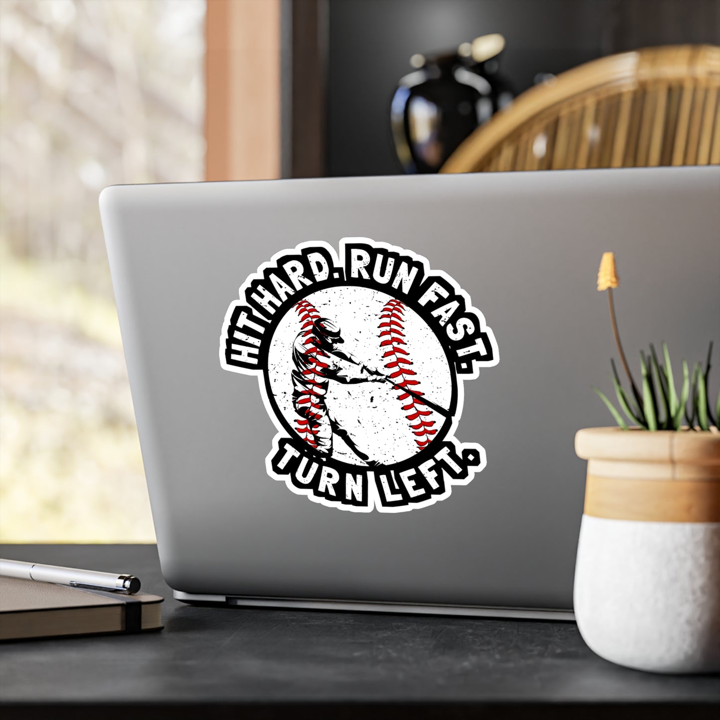 Hit Hard Run Fast Turn Left - Baseball Sticker for Laptop Sticker. Water Bottle Sticker, Vinyl Softball Decal - Baseball Gift