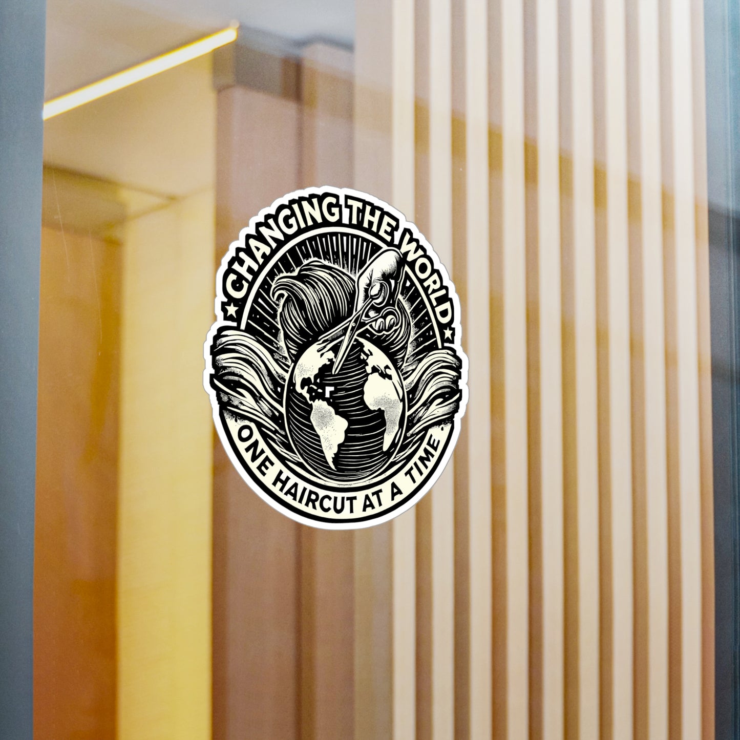 Changing The World One Haircut At A Time – Barber Sticker for Laptop or Water Bottle | Vinyl Hairstylist Decal, Funny Barber Gift