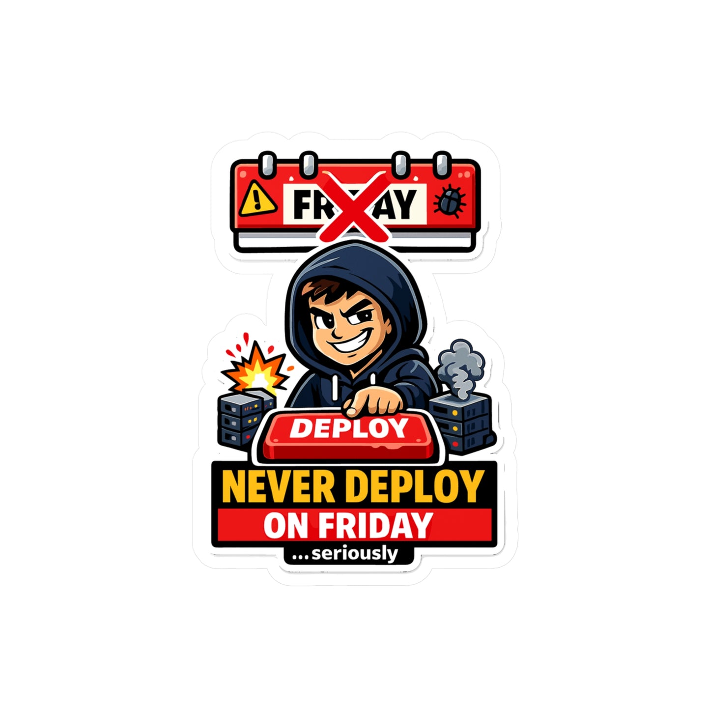 Coding Sticker Never deploy on Friday Programmer Design, Funny Source Code Semicolon Vinyl Sticker Decals for Laptop Water Bottle Waterproof