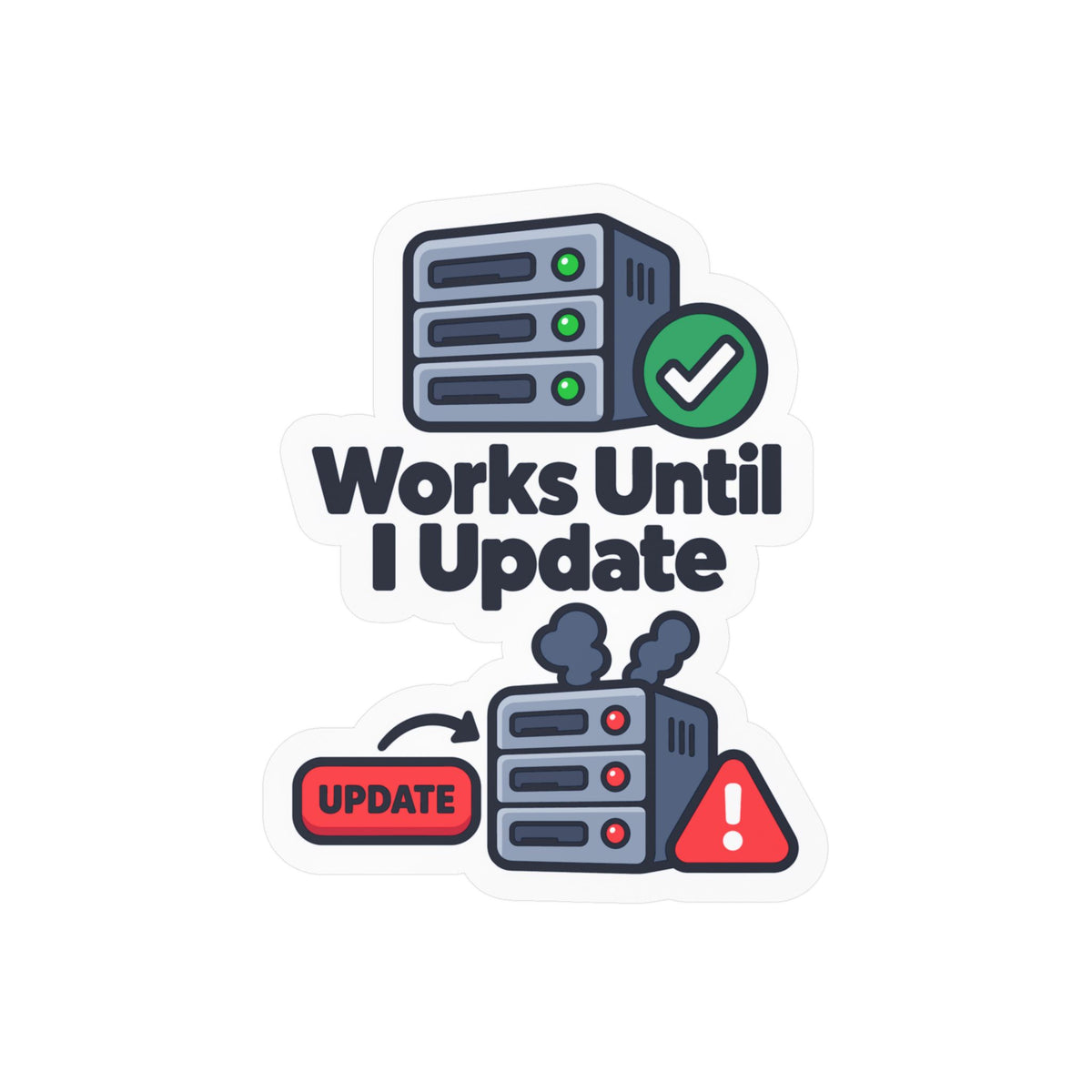 Tech Sticker Works Until I Update – Funny Reboot Button Bandage Design, Decals for Laptop and Water Bottle