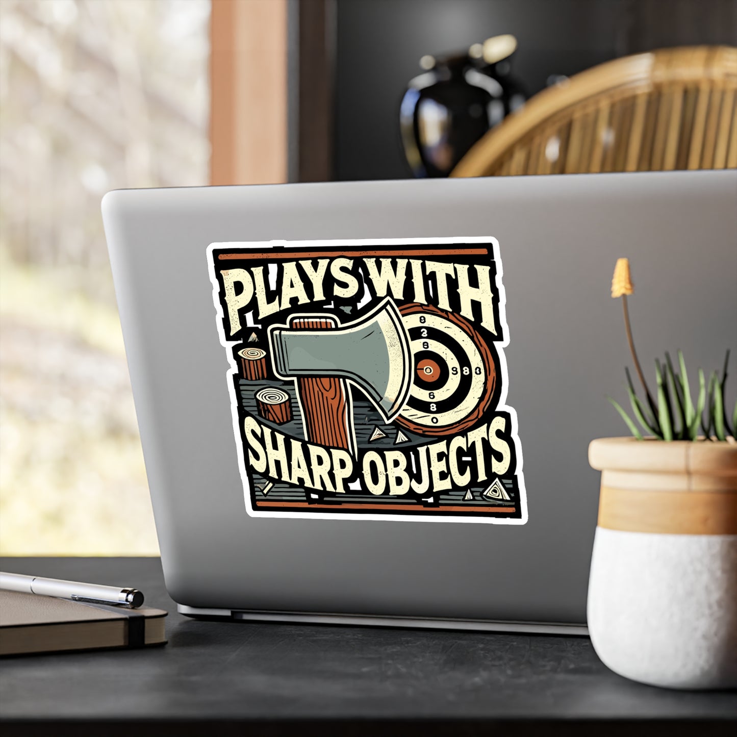 Plays With Sharp Objects - Axe throwing Sticker for Laptop Sticker. Water Bottle Sticker, Vinyl Adventure Decal - Axe throwing Gift