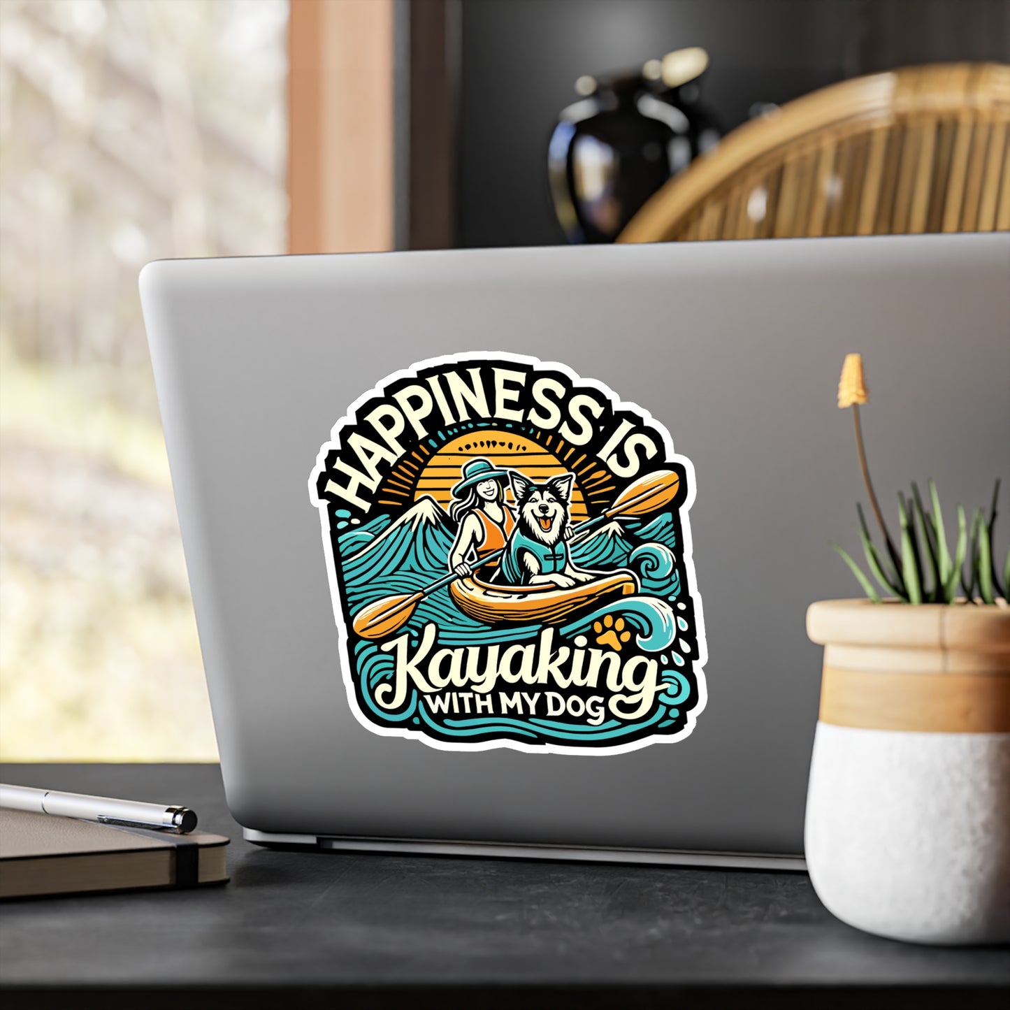 Happiness Is Kayaking With My Dog - Kayak Sticker for Laptop Sticker. Water Bottle Sticker, Vinyl Kayaking Decal - Kayak Gift