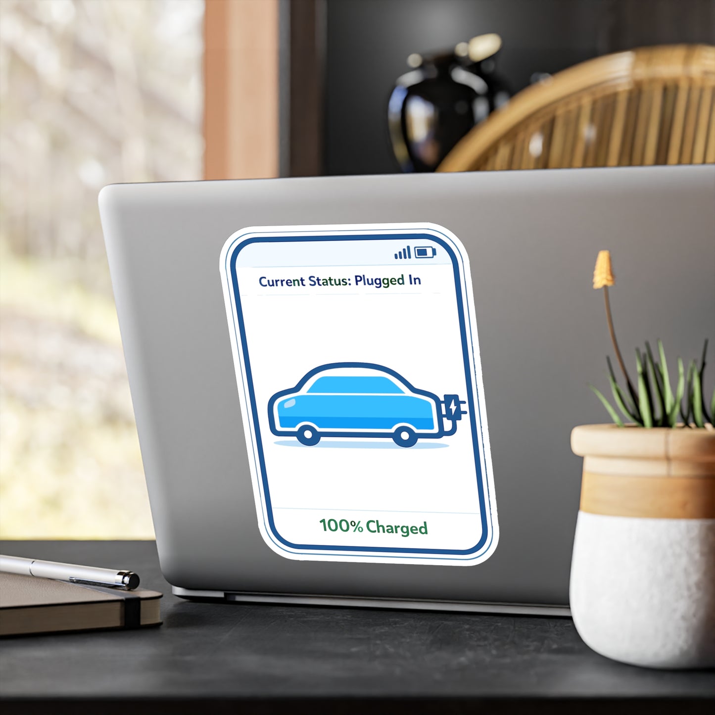 Electric Car Sticker "Current Status: Plugged In" – Waterproof Vinyl decals for Laptop, Water Bottle, Electric Vehicle Rechargeable Battery
