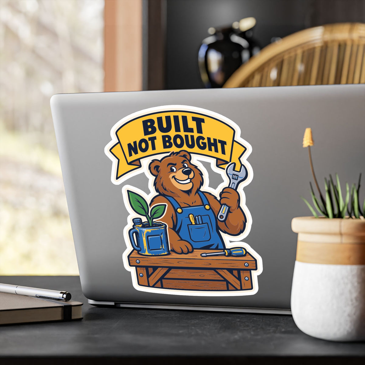 Upcycling Sticker – Built Not Bought Art decals for Laptop and Water Bottle Celebrating Recycling and Sustainability