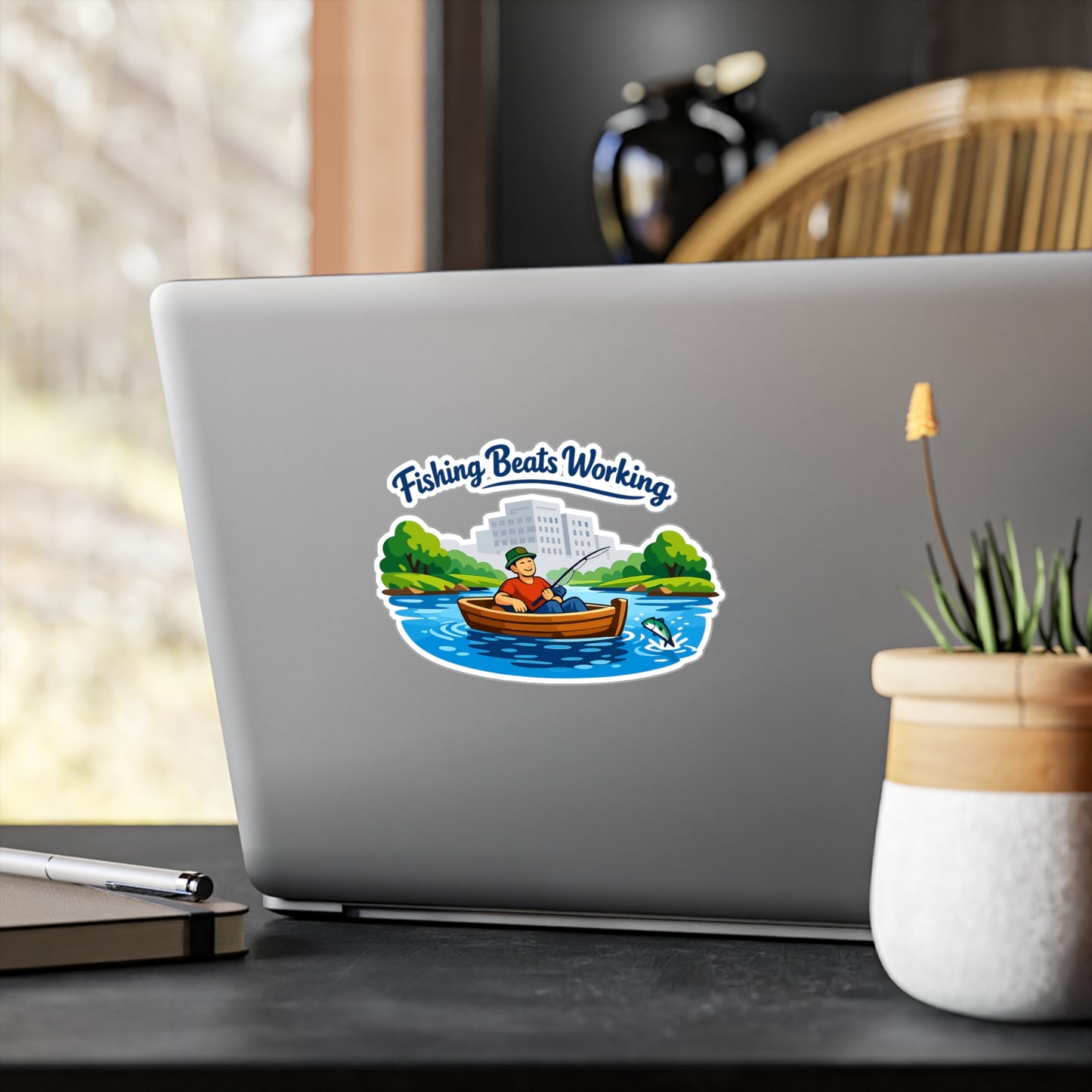 Fishing Sticker "Fishing Beats Working" Waterproof Vinyl Decals for Laptop, Water Bottle, Angling Lake Boating Fun