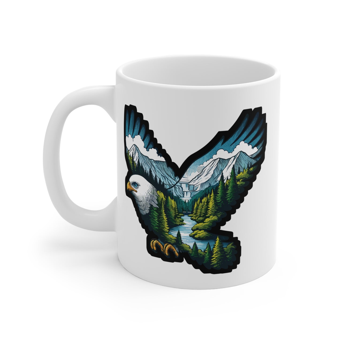 Eagle Nature Adventure Camping - Camping Mug for Coffee 11oz. Camping Cup, White ceramic, Adventure Mug, Outdoors Tea Cup - Camping Gift