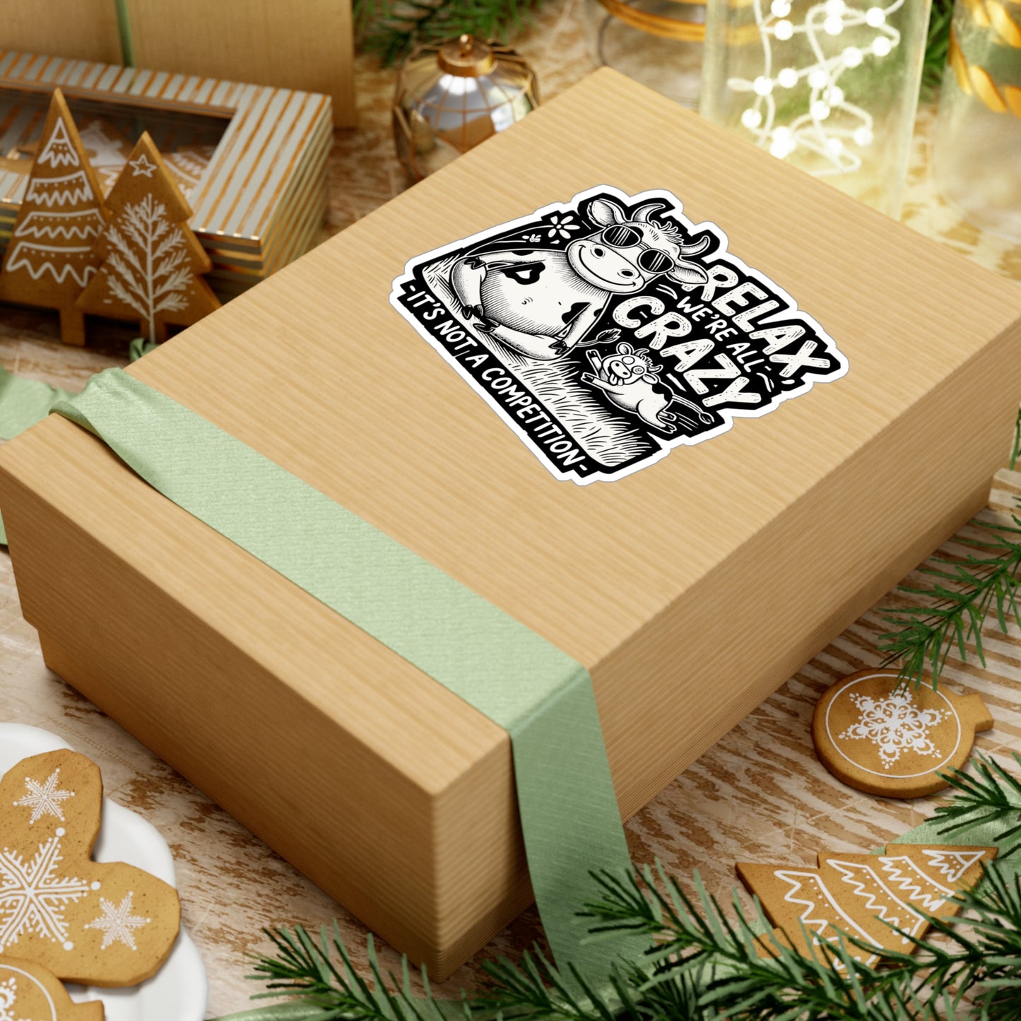 Relax We're All Crazy It's Not A Competition - Cow Sticker for Laptop Sticker. Water Bottle Sticker, Vinyl Heifer Decal - Cow Gift