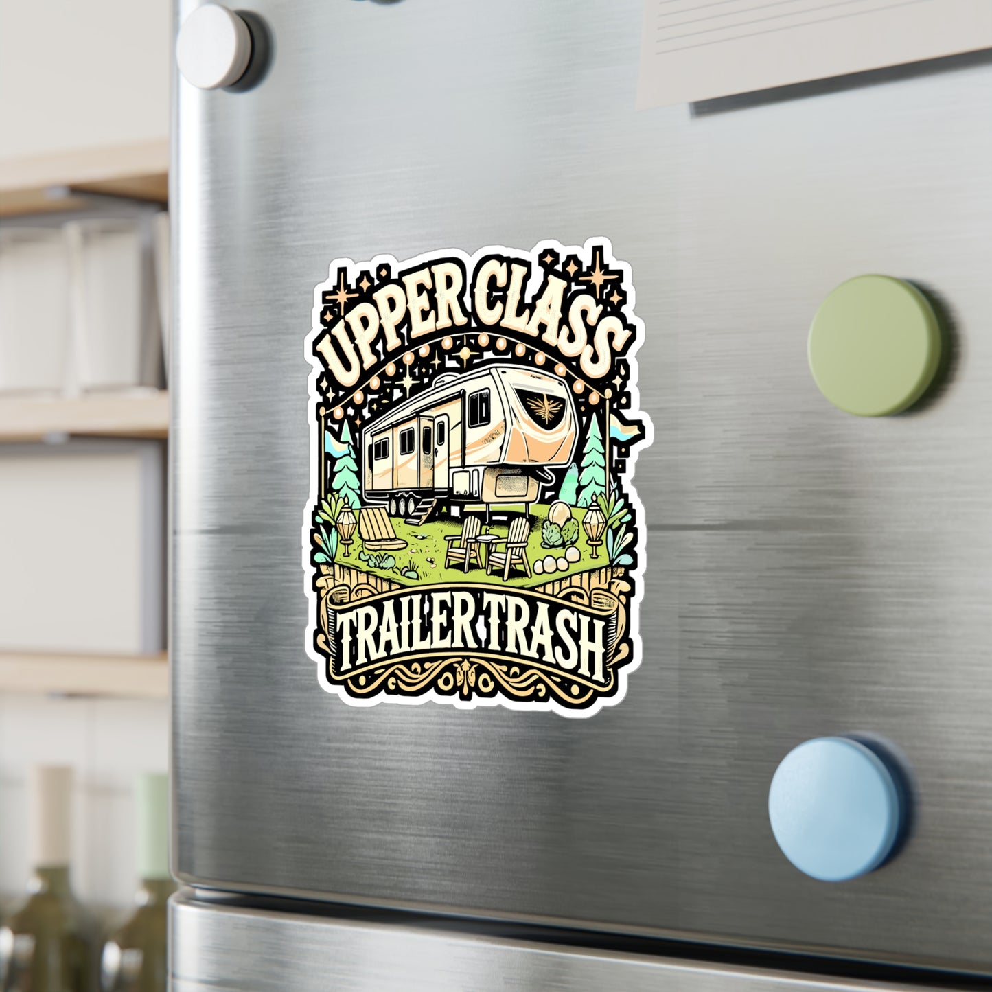 Upper Class Trailer Trash – RV Vinyl Decal for Car, Laptop, or Water Bottle | Funny RV Pilot Gift, Trailer Sticker for Camper Enthusiasts