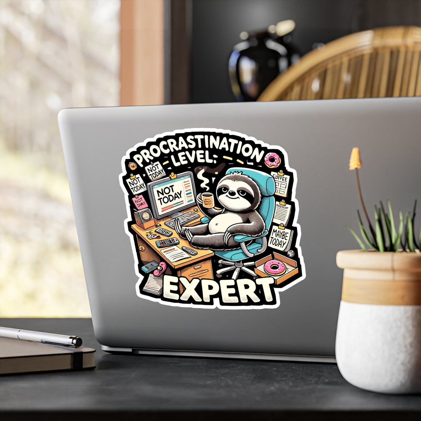 Procrastination Level Expert - Lazy sloth Sticker for Laptop Sticker. Water Bottle Sticker, Vinyl Procrastination humor Decal - Lazy sloth Gift