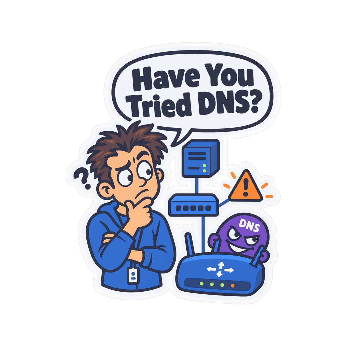 Tech Sticker "Have You Tried DNS" – Funny IT Decals with Reboot Button Humor, a Tech Bandage for Your Laptop