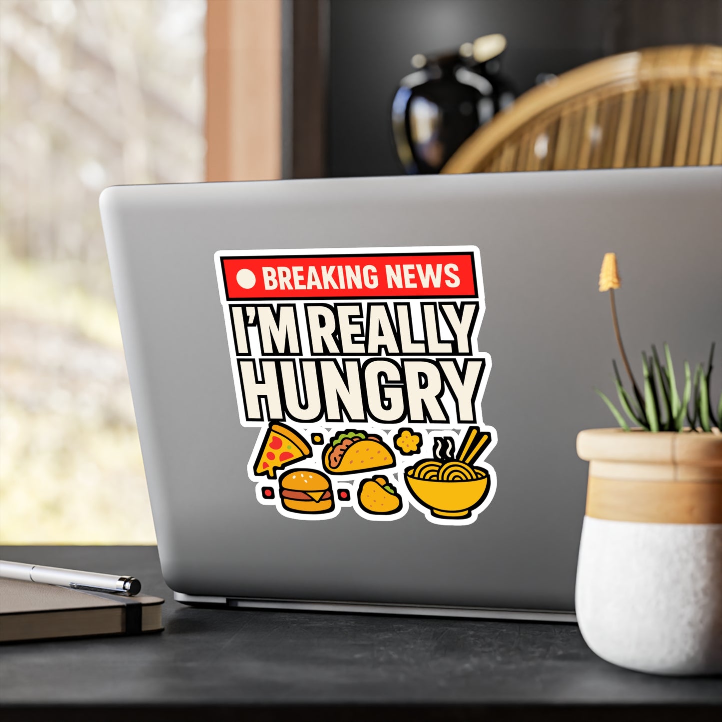 Breaking News I'm Really Hungry – Funny Foodie Sticker for Laptop or Water Bottle | Vinyl Snacks Decal, Chef or Cooking Gift