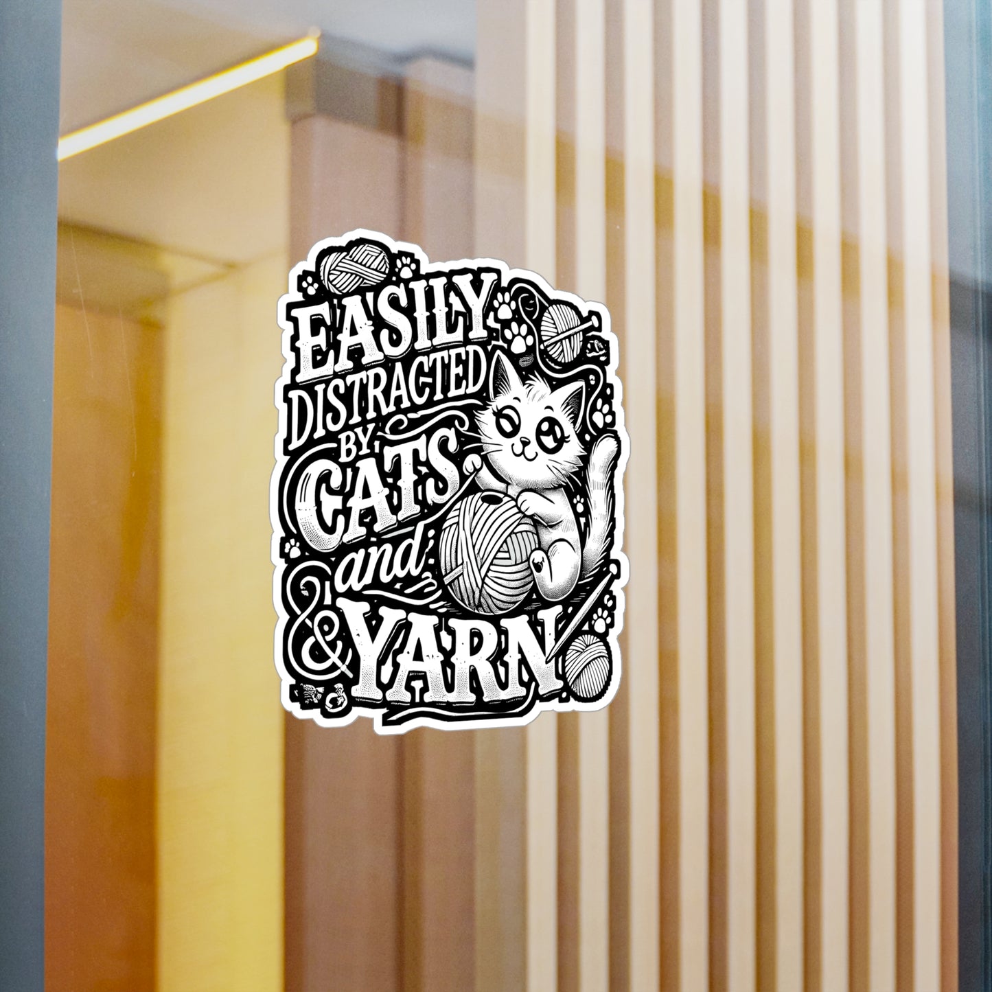 Easily Distracted by Cats and Yarn – Crocheting Sticker for Laptop or Water Bottle | Funny Knitting & Crochet Gift