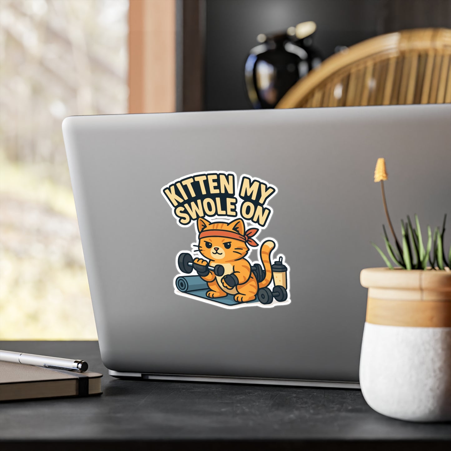 Workout Sticker – "Kitten My Swole On" Cute Kitten Weightlifting Vinyl Decals, Waterproof for Laptop or Water Bottle