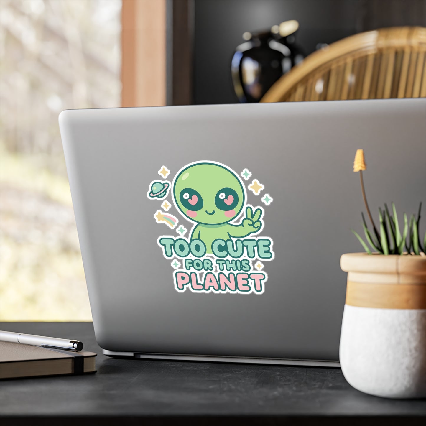 Alien Sticker – Too Cute For This Planet Vinyl Decals for Laptop, Water Bottle, Extraterrestrial Cosmic Galaxy Design, Waterproof