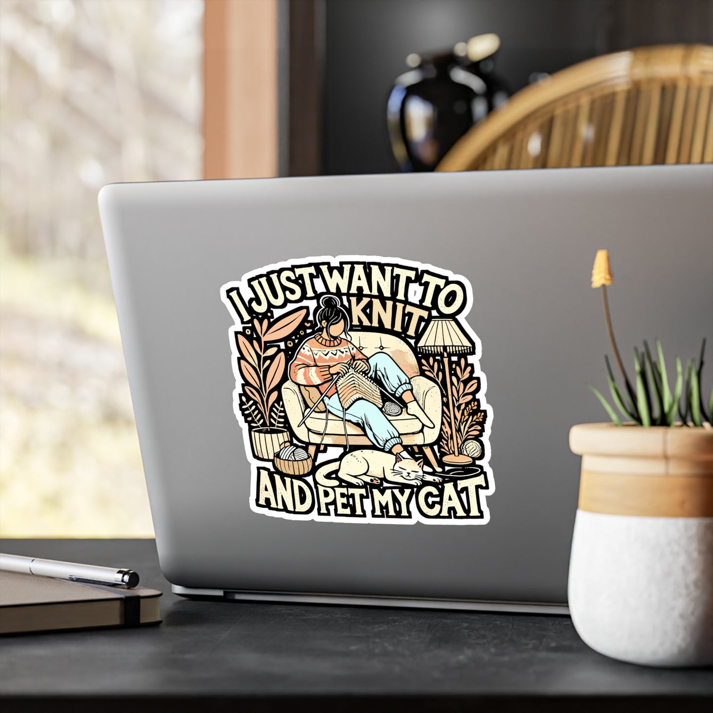 I Just Want To Knit And Pet My Cat – Vinyl Knitting Sticker for Laptop or Water Bottle | Funny Gift for Cat Lovers & Knitters