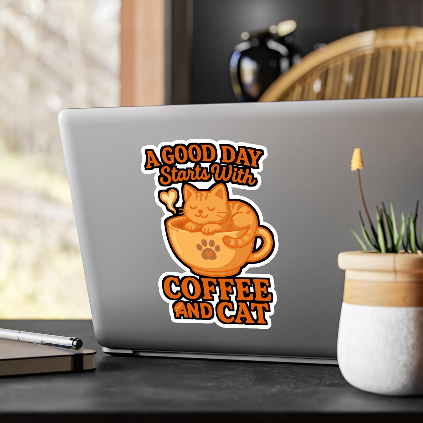 A Good Day Starts With Coffee And Cat - Coffee Sticker for Laptop, Water Bottle - Gift for Cat Lovers, Caffeine Fans