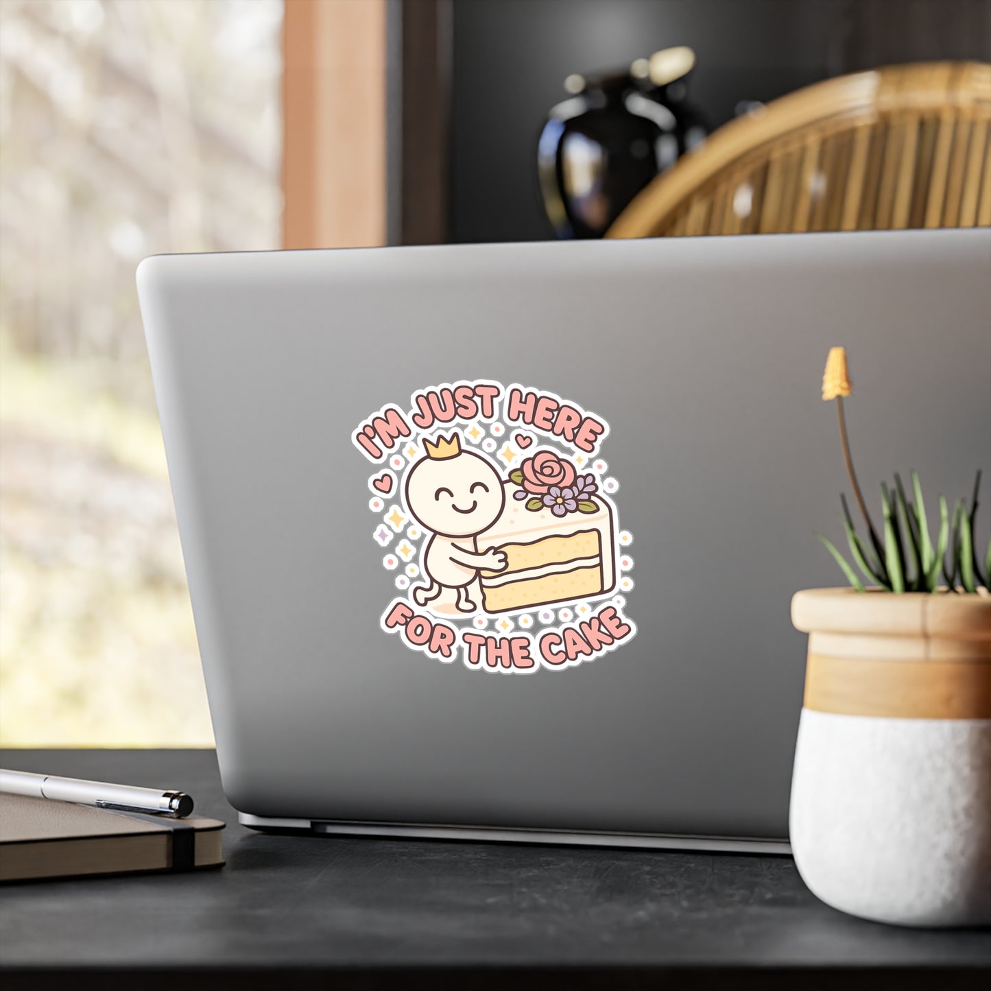 Wedding Sticker – "I'm Just Here For The Cake" Decals, Cute Floral Cake Frosting Vinyl, Waterproof, Perfect for Laptop & Water Bottle