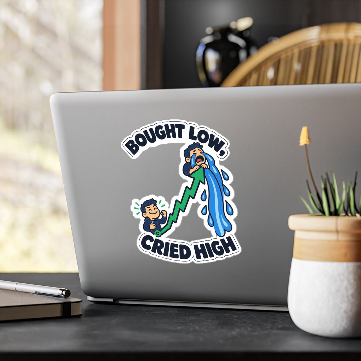 Day Trading Sticker – Bought Low, Cried High – Funny Decals for the Stock Market and Forex Trader, Laptop or Water Bottle