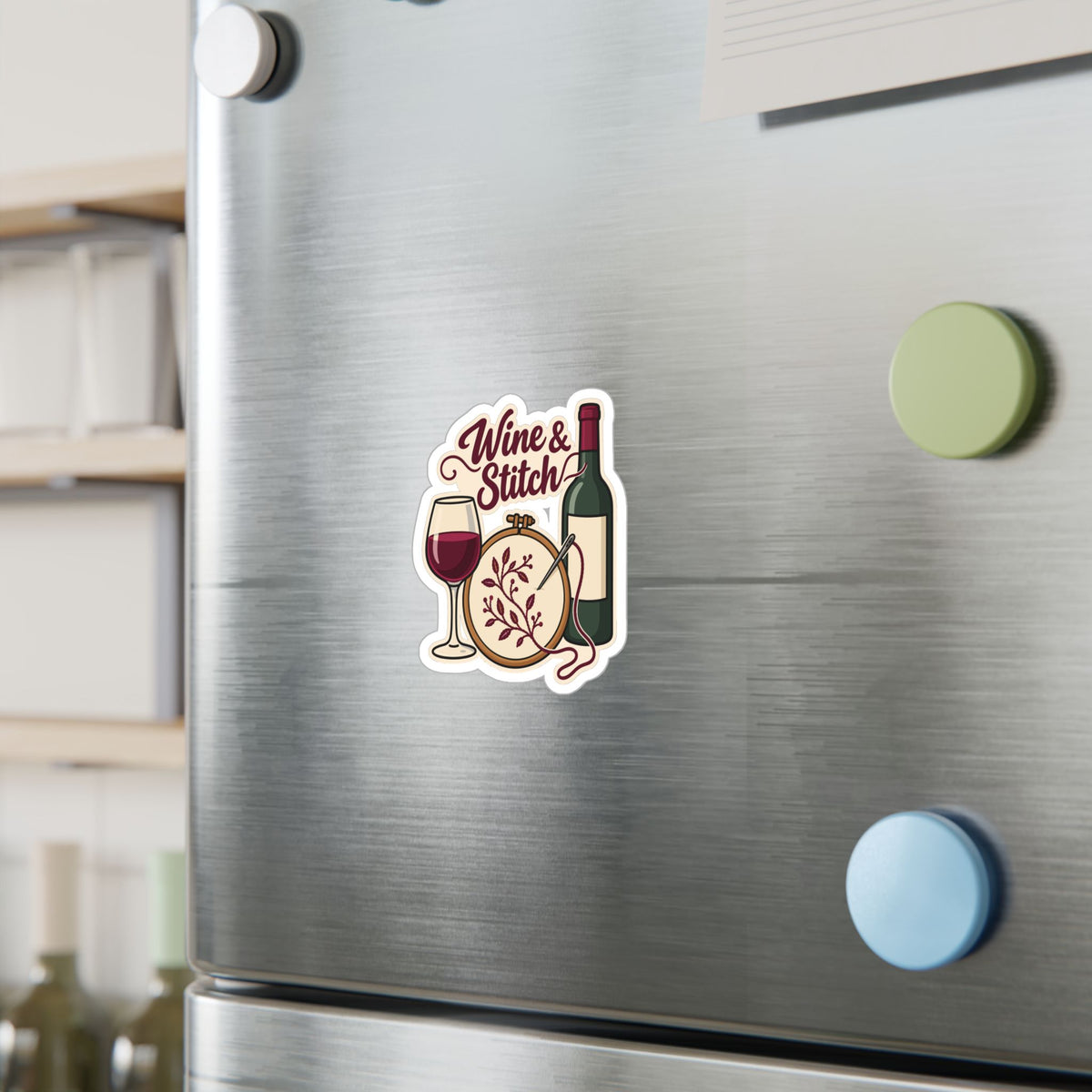Embroidery Sticker - Wine & Stitch Design for Needlework and Stitching Fans, Crafting Decals for Laptop or Water Bottle