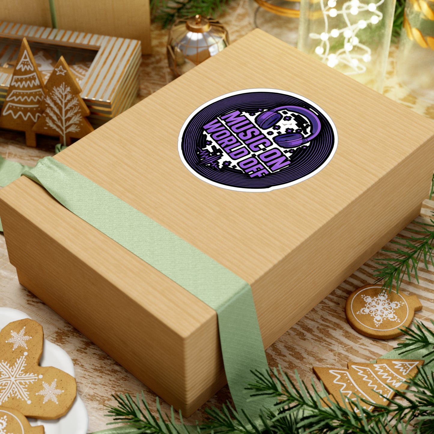 Music Sticker "Music On World Off" Decals – DJ Turntable Design, Waterproof Vinyl for Laptop, Water Bottle, Music Lovers Gift