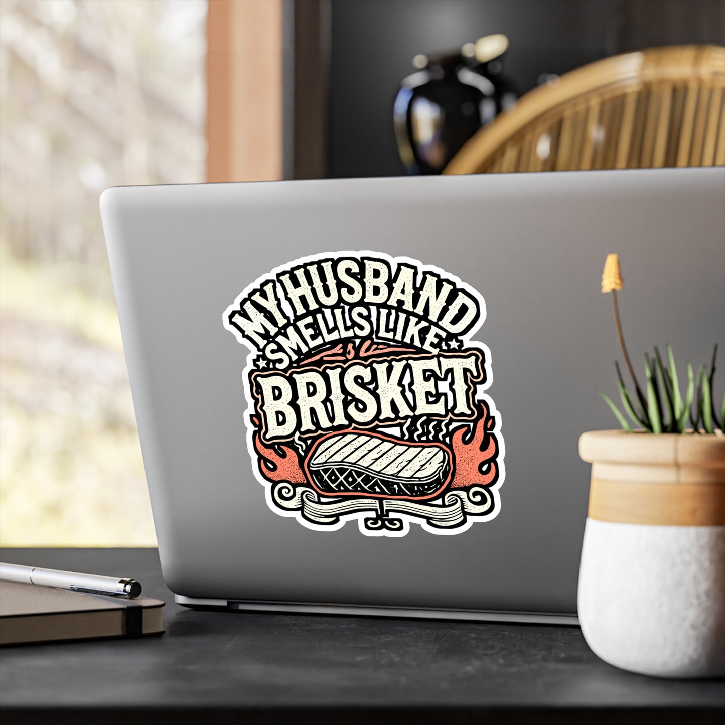 My Husband Smells Like Brisket – BBQ Vinyl Decal for Laptop or Water Bottle | Funny Smoker Gift for BBQ Lover