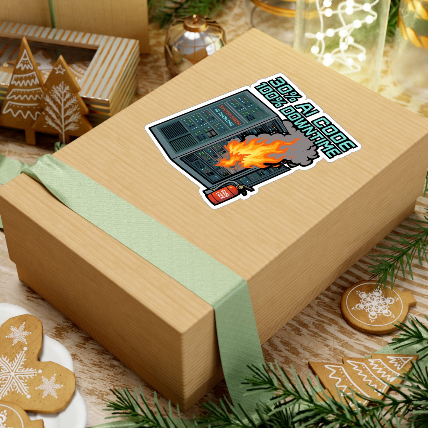 Server Sticker - “30 Ai Code 100 Downtime” Funny Burning Datacenter AI Decals, Waterproof Vinyl for Laptop, Water Bottle, Tech Accessories