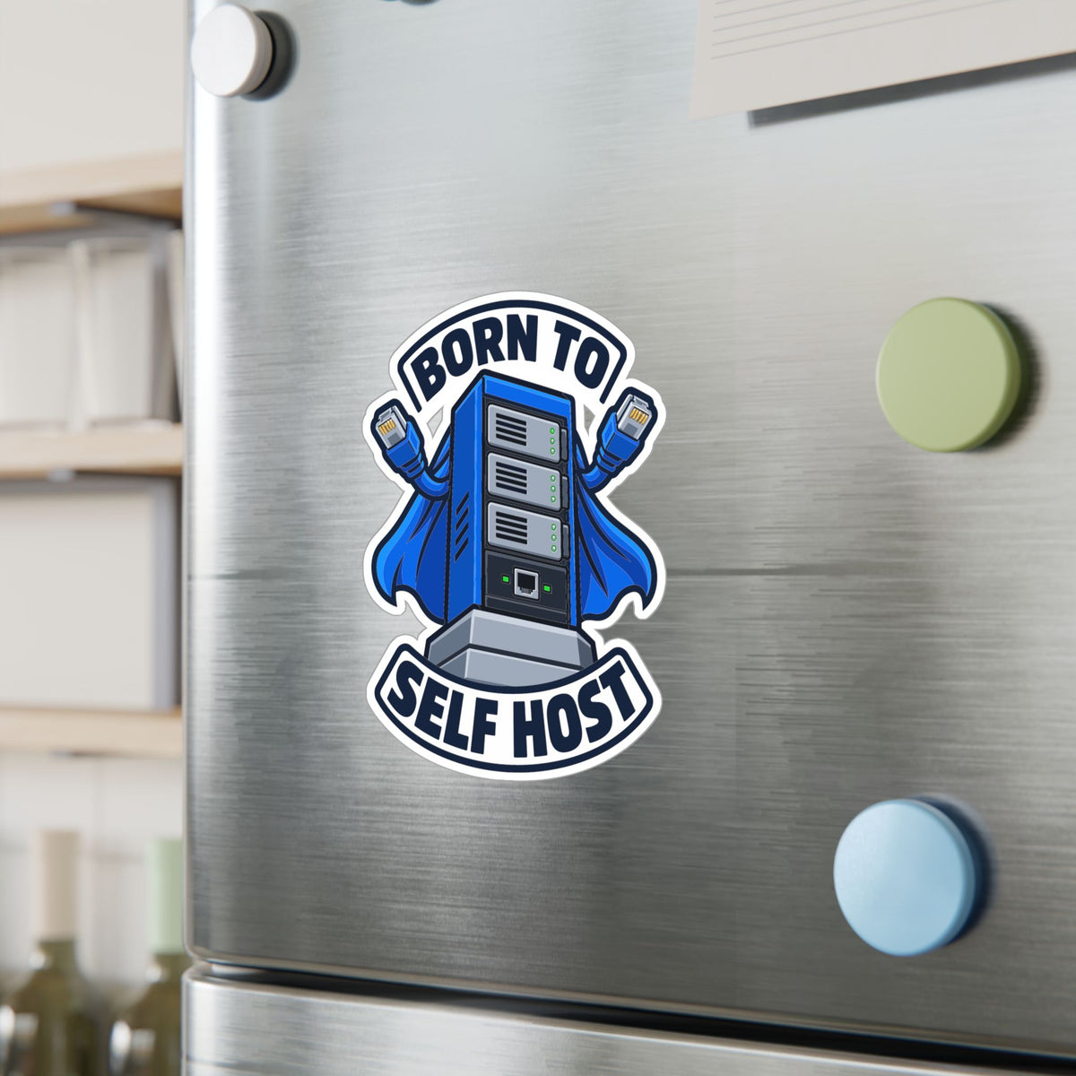 Tech Sticker Born To Self Host – Reboot Button and Bandage Design Decals for Laptop and Water Bottle