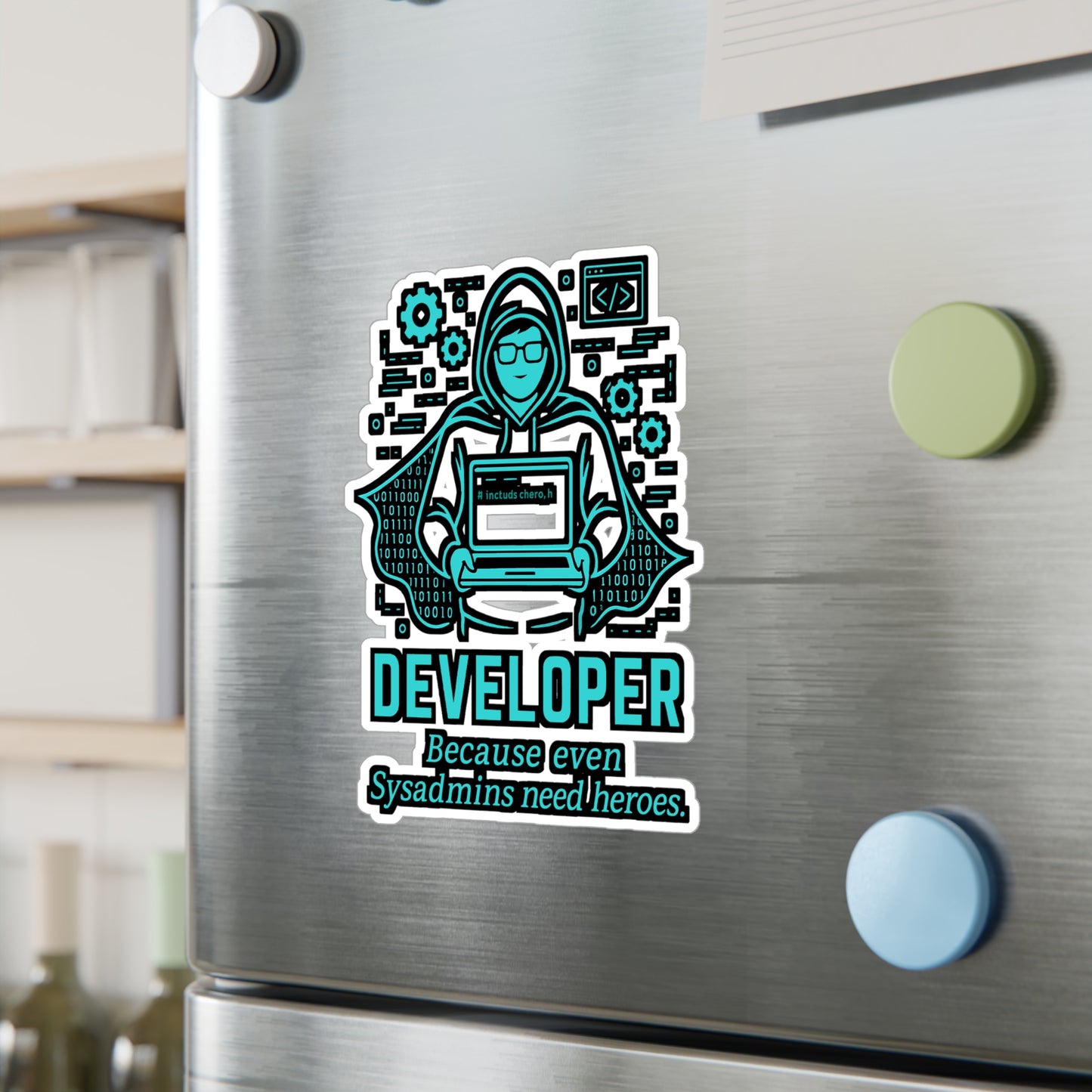 Software Sticker – "Developer Because Even Sysadmins Need Heroes" Vinyl Decals for Laptop or Water Bottle, Waterproof, Gift for Developer, Sysadmin, Testing Fans