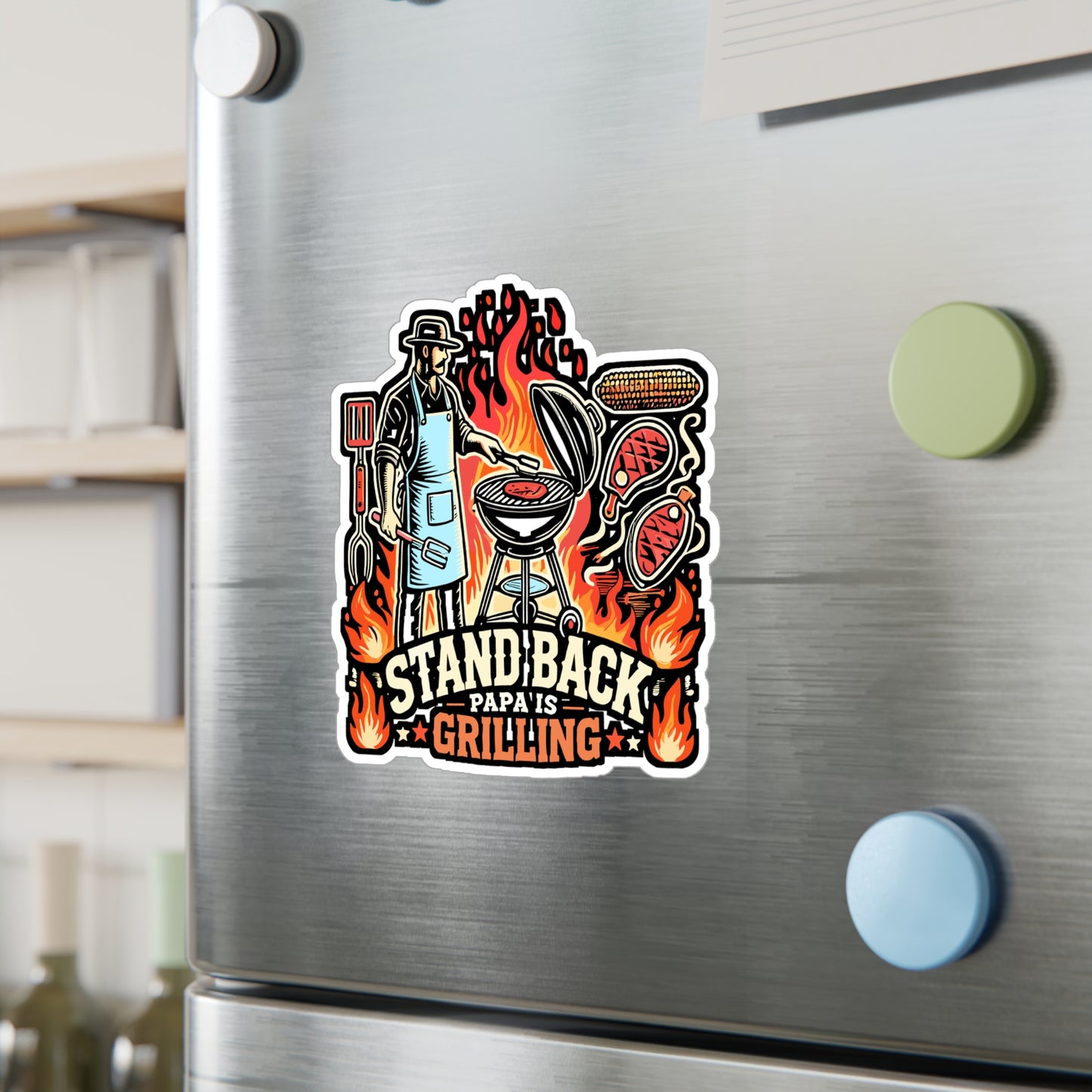 Stand Back Papa Is Grilling – BBQ Sticker for Grill, Laptop or Water Bottle | Funny Steak Lover Gift