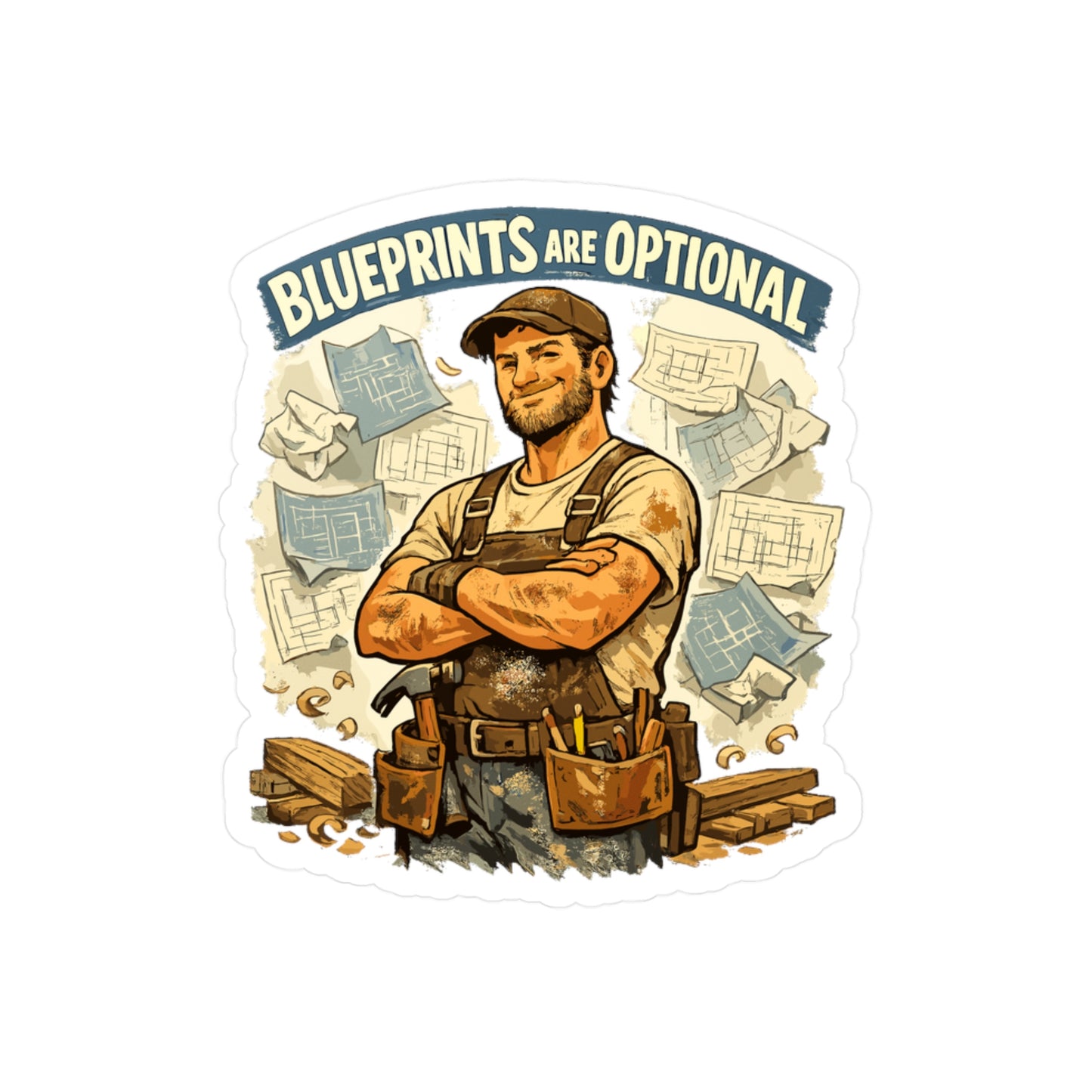 Carpenter Sticker "Blueprints Are Optional" Funny Woodworker Decals, Waterproof Vinyl for Laptop, Water Bottle
