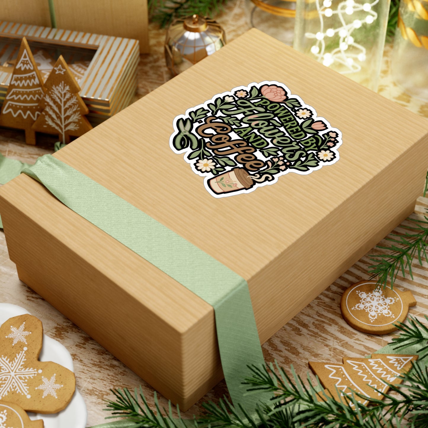 Powered By Flowers And Coffee - Florists Sticker for Laptop, Water Bottle, Gift for Flower Shop Owners, Botanical Lover