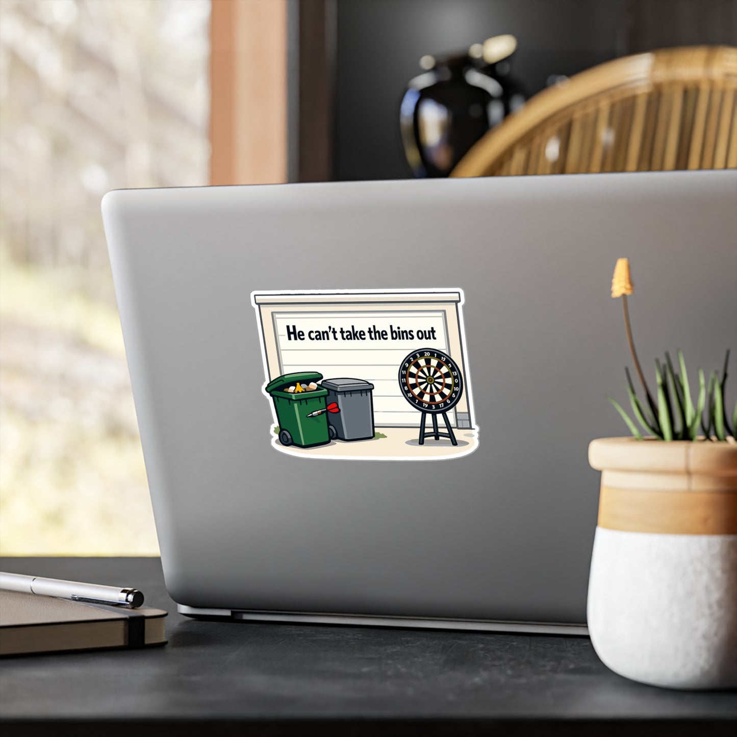 Dart Sticker “He Can’t Take the Bins Out” Funny Dartboard Drinking Team Design, Waterproof Vinyl Decals for Laptop Water Bottle