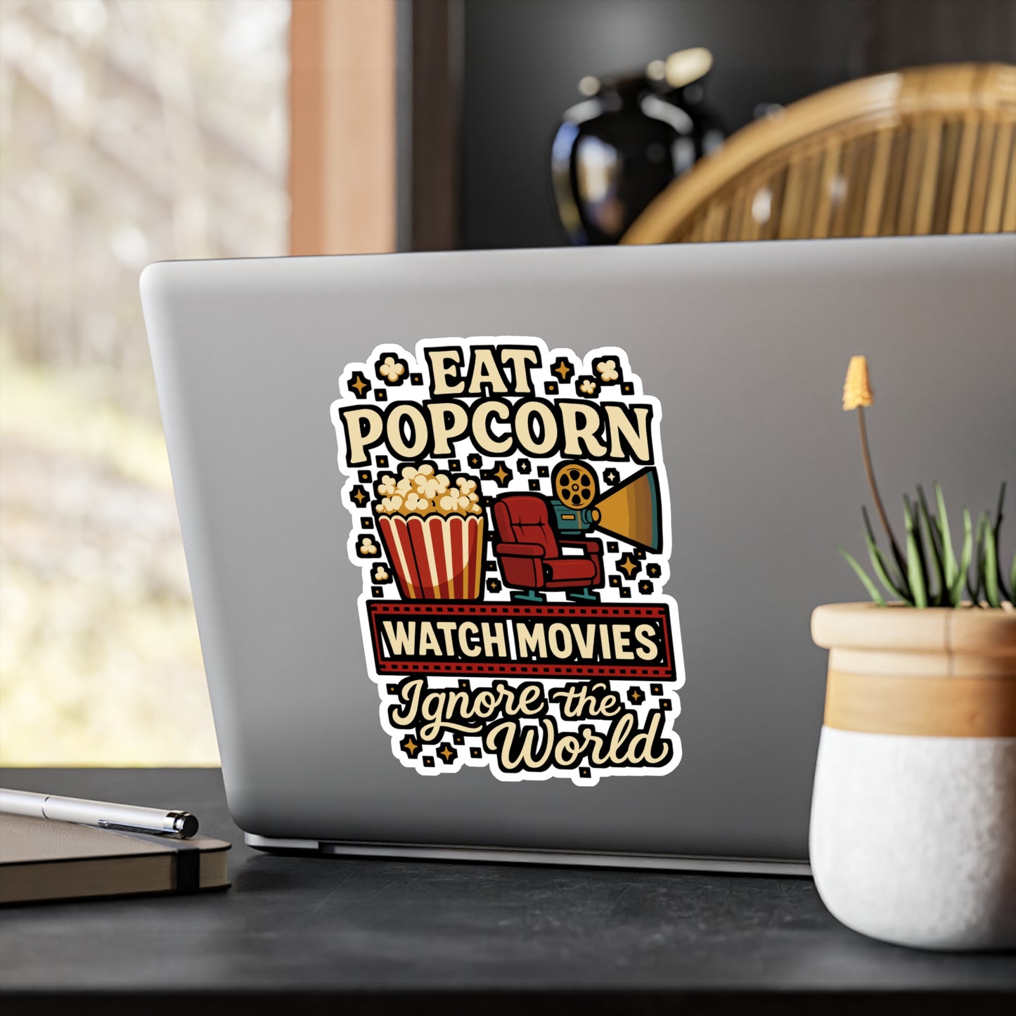 Eat Popcorn Watch Movies Ignore the World - Movies Sticker for Laptop or Water Bottle - Gift for Film Lovers, Movie Night Fans