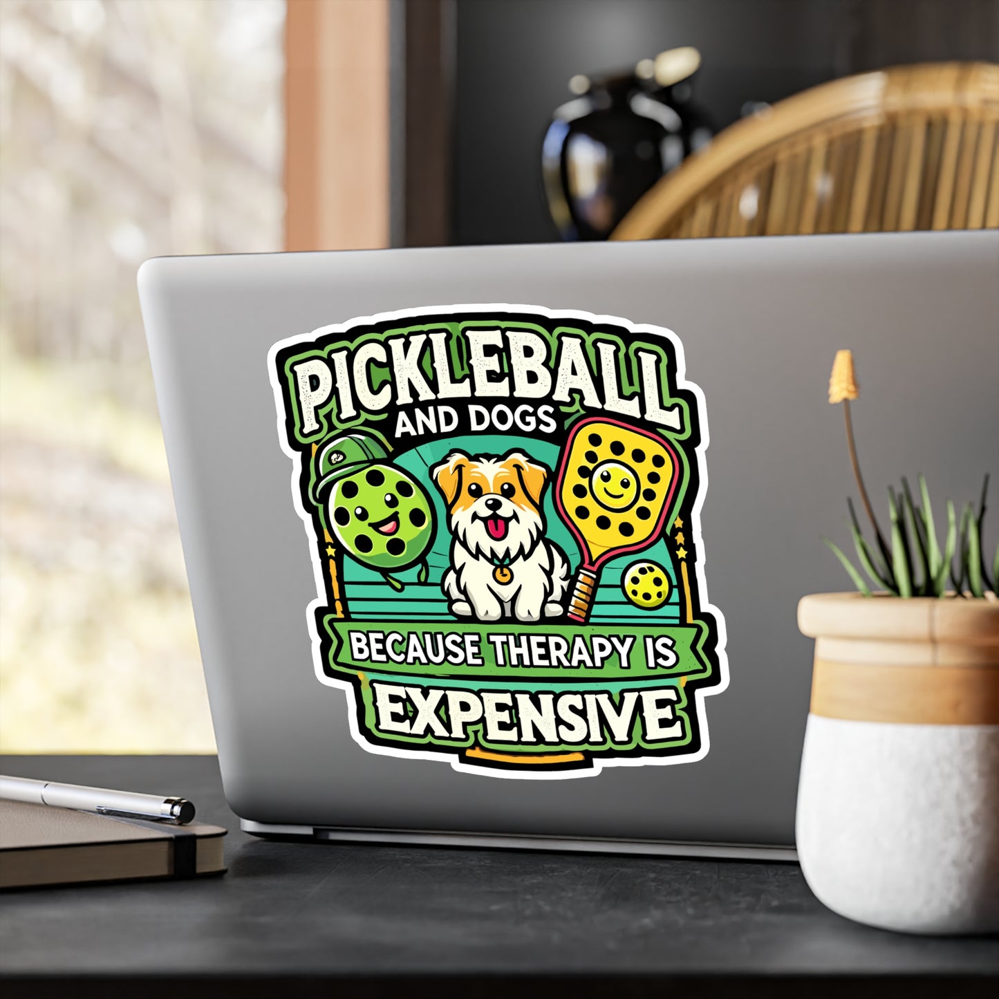 Pickleball And Dogs Because Therapy Is Expensive - Pickleball Sticker for Laptop Sticker. Water Bottle Sticker, Vinyl Dink Decal - Pickleball Gift