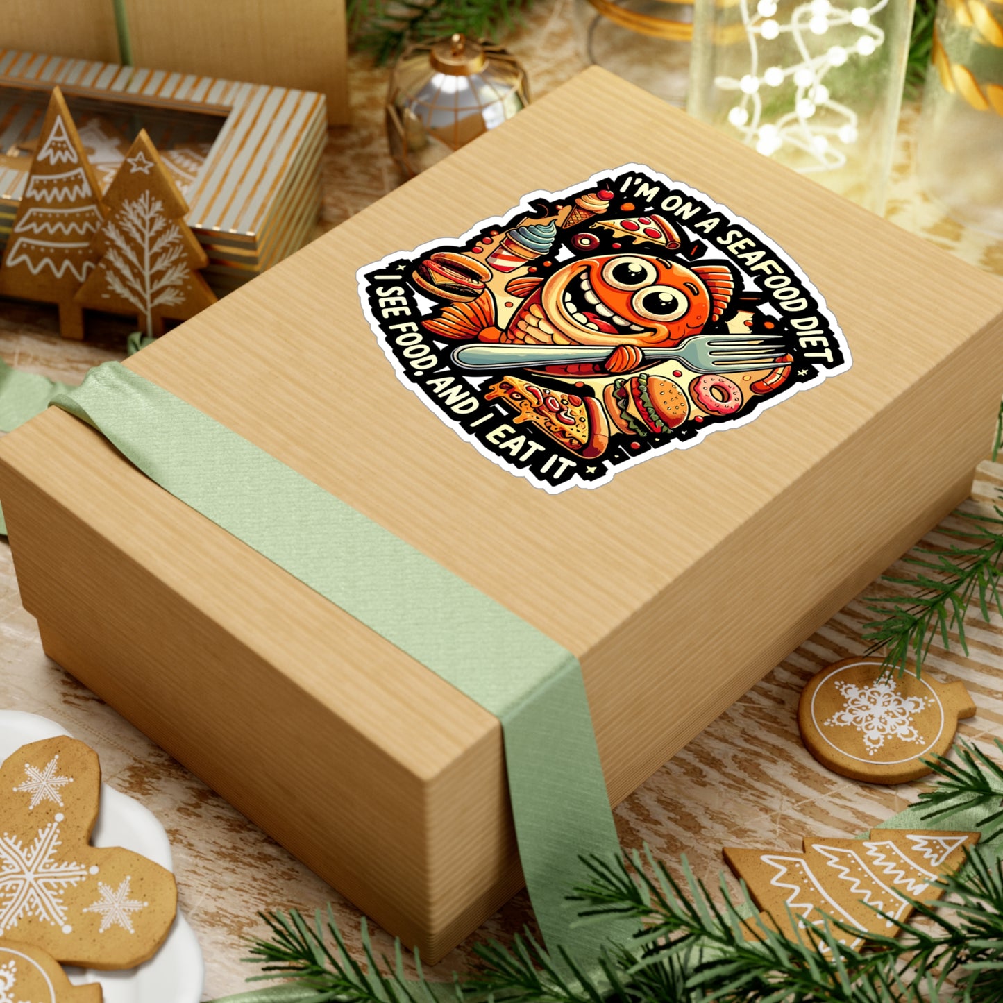 I'm on a Seafood Diet. I See Food, and I Eat It - Seafood diet joke Sticker for Laptop Sticker. Water Bottle Sticker, Vinyl Humor food lover Decal - Seafood diet joke Gift