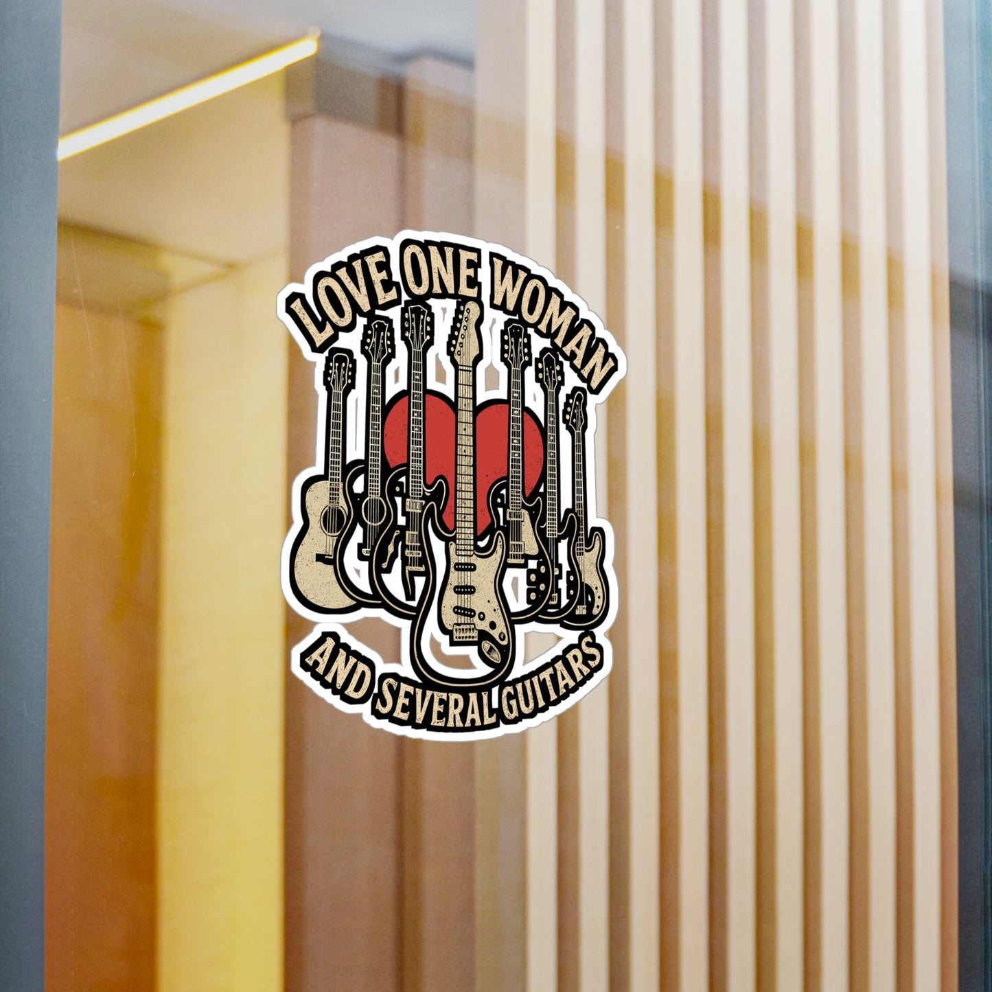 Love One Woman and Several Guitars – Vinyl Sticker for Laptop, Water Bottle | Musician Gift, Guitarist Decal, Acoustic & Electric Guitar Accessory