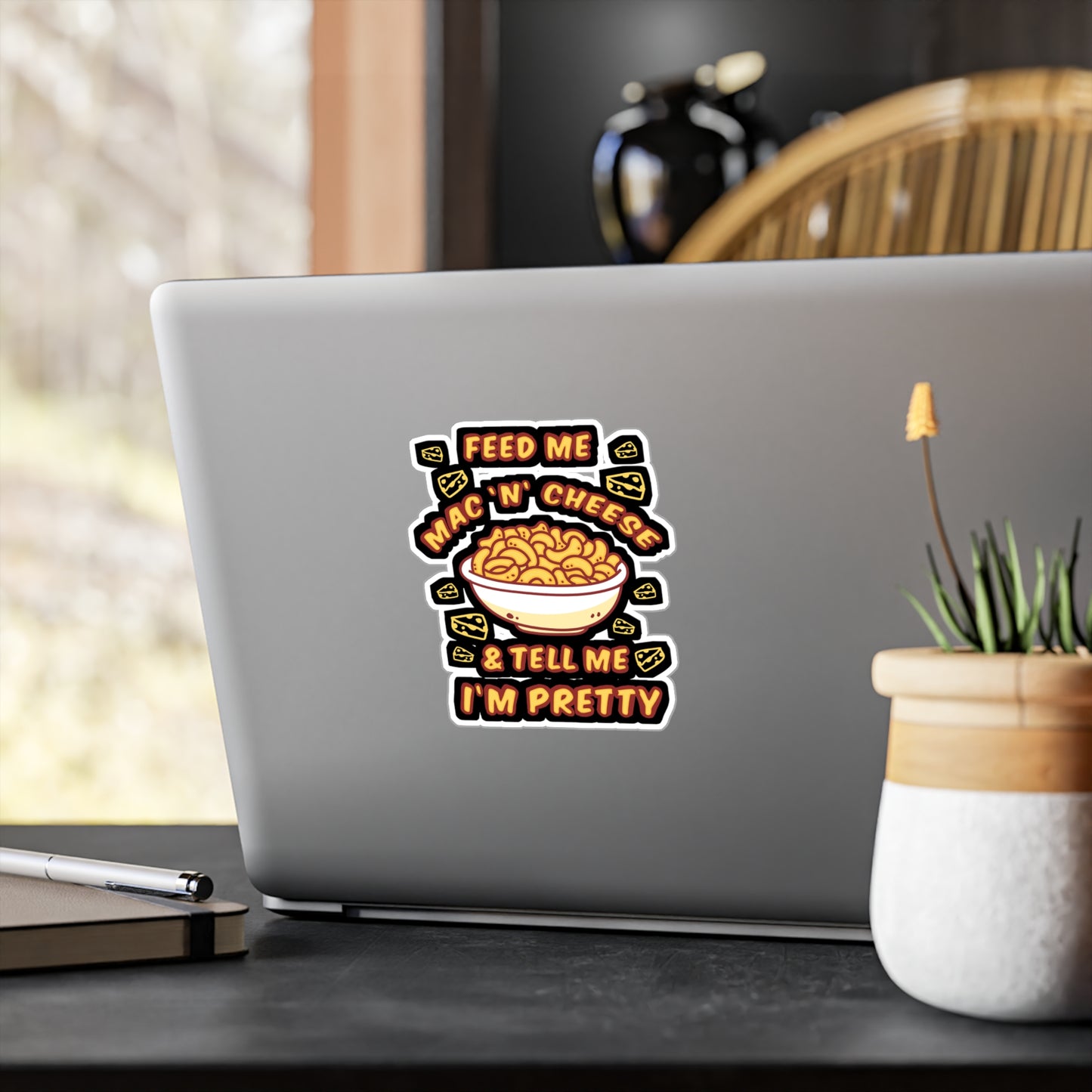 Feed Me Mac 'n' Cheese & Tell Me I'm Pretty - Macaroni Sticker for Laptop Sticker. Water Bottle Sticker, Vinyl Mac Decal - Macaroni Gift