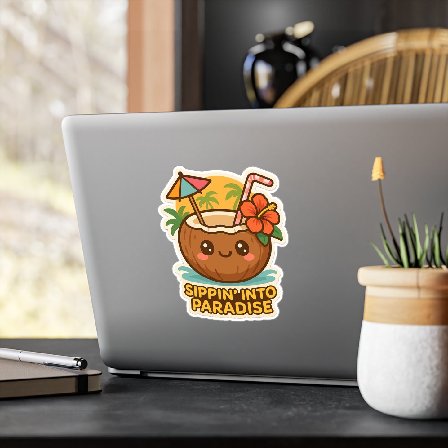 Tropical Sticker – Sippin Into Paradise Decals, Coconut Beach Vacation Vinyl, Waterproof Decor for Laptop, Water Bottle