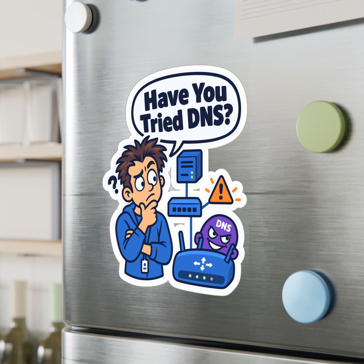 Tech Sticker "Have You Tried DNS" – Funny IT Decals with Reboot Button Humor, a Tech Bandage for Your Laptop