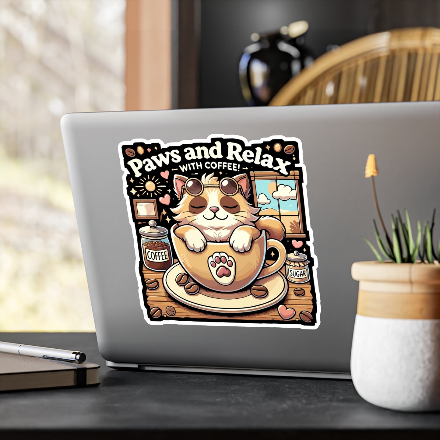 Paws and Relax with Coffee - Coffee Sticker for Laptop Sticker. Water Bottle Sticker, Vinyl Cat Decal - Coffee Gift
