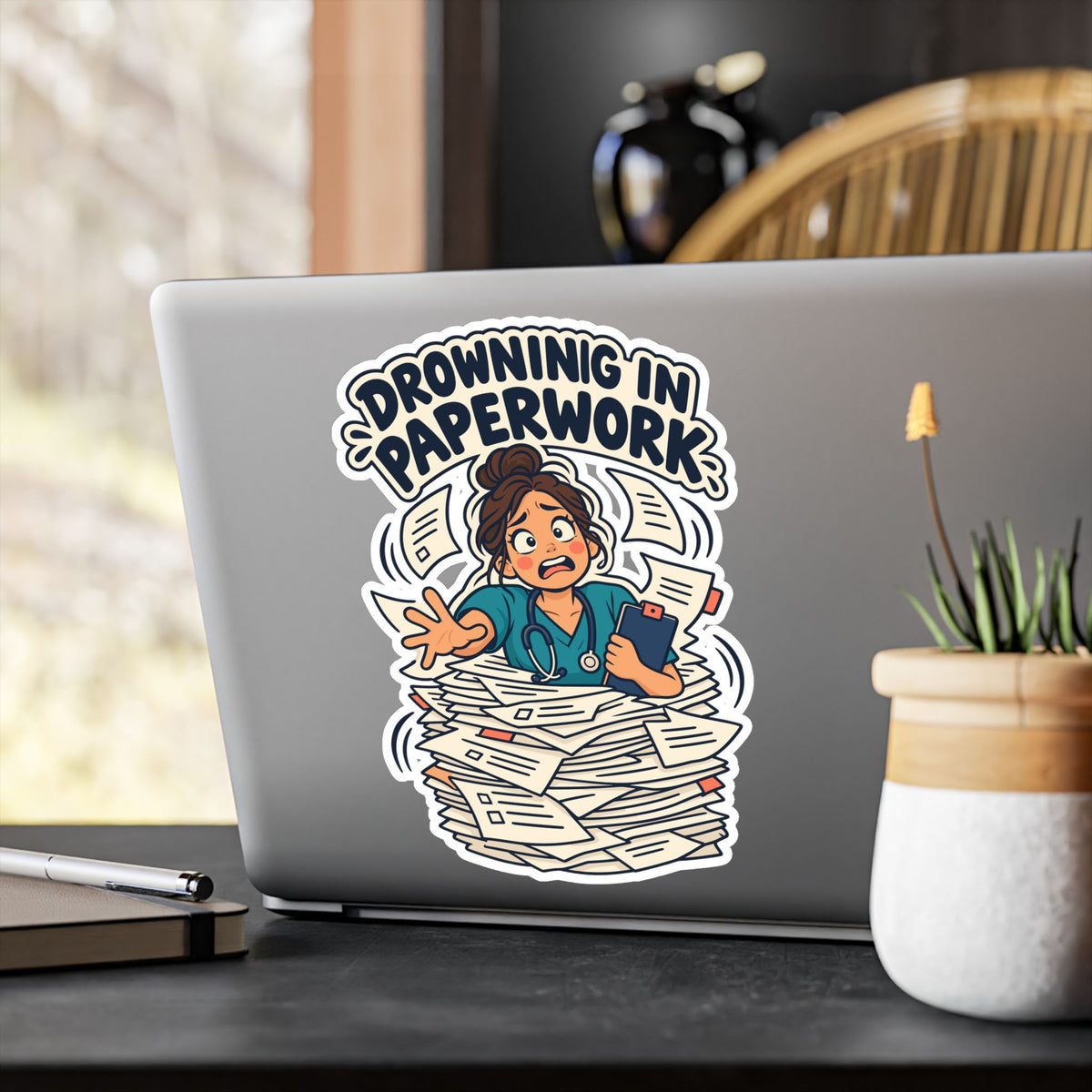 Nurse Sticker “Drowning in Paperwork” Nursing Student Vinyl Decals for Laptop, Water Bottle, Waterproof