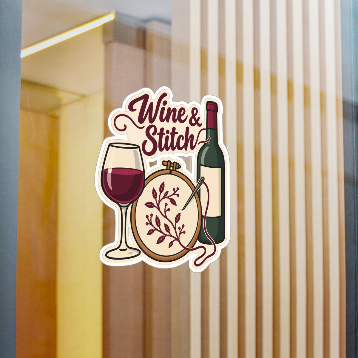 Embroidery Sticker - Wine & Stitch Design for Needlework and Stitching Fans, Crafting Decals for Laptop or Water Bottle