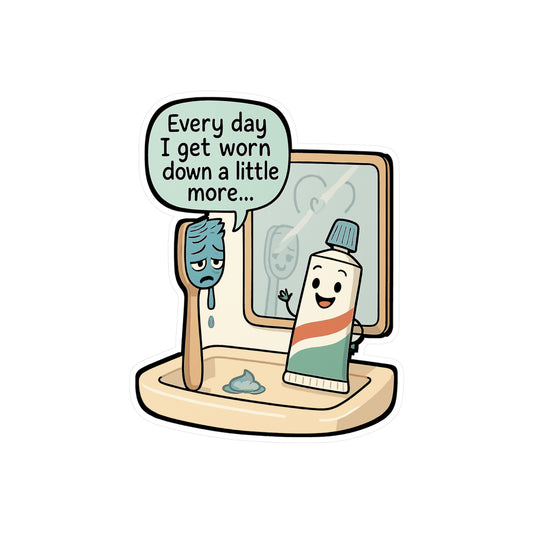 Toothbrush Sticker - "Every Day I Get Worn Down A Little More" Vinyl Decals for Mirror or Laptop, Waterproof Toothpaste Design, Tired Humor