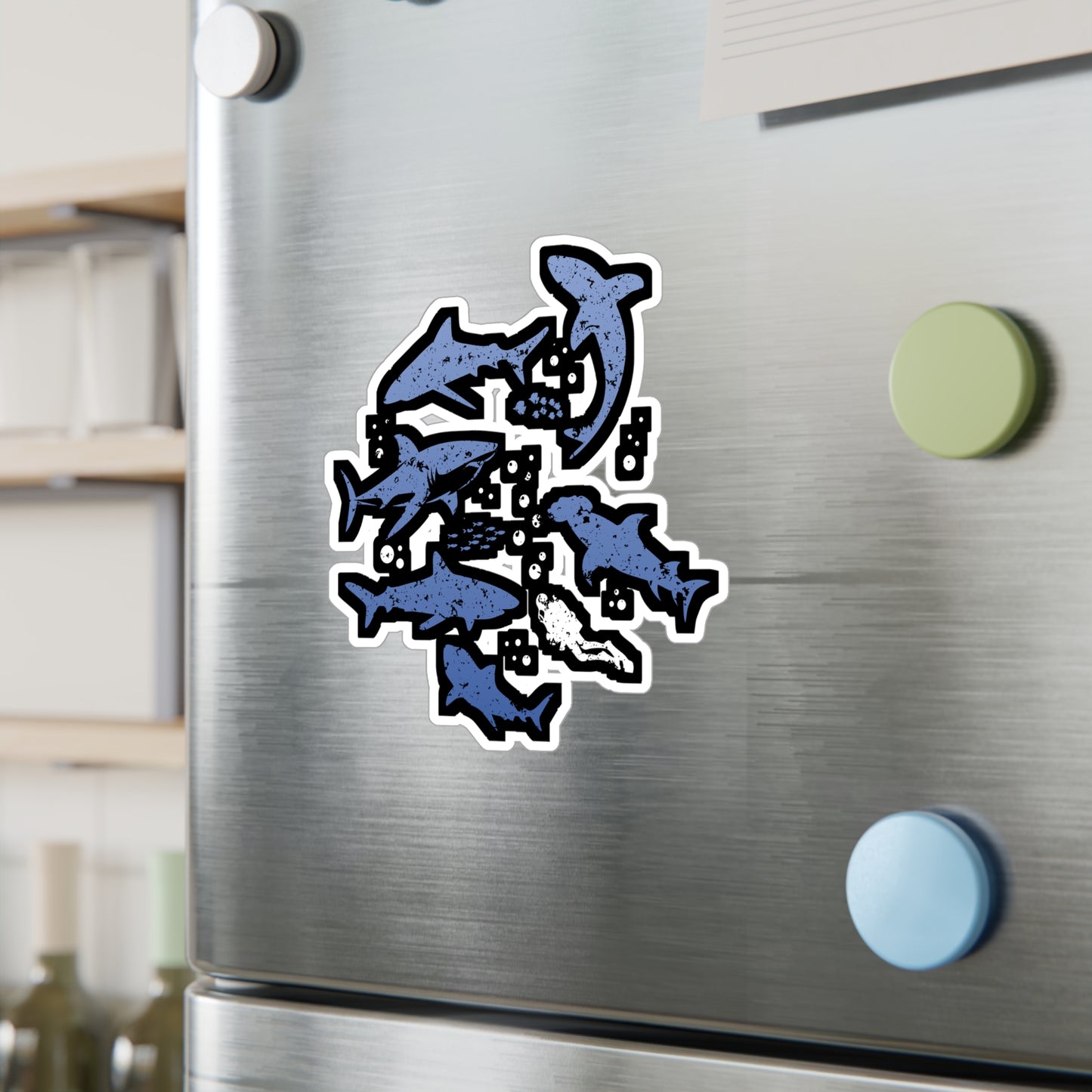 Scuba Diver with Sharks - Diver Sticker for Laptop Sticker. Water Bottle Sticker, Vinyl Scuba-diving Decal - Diver Gift