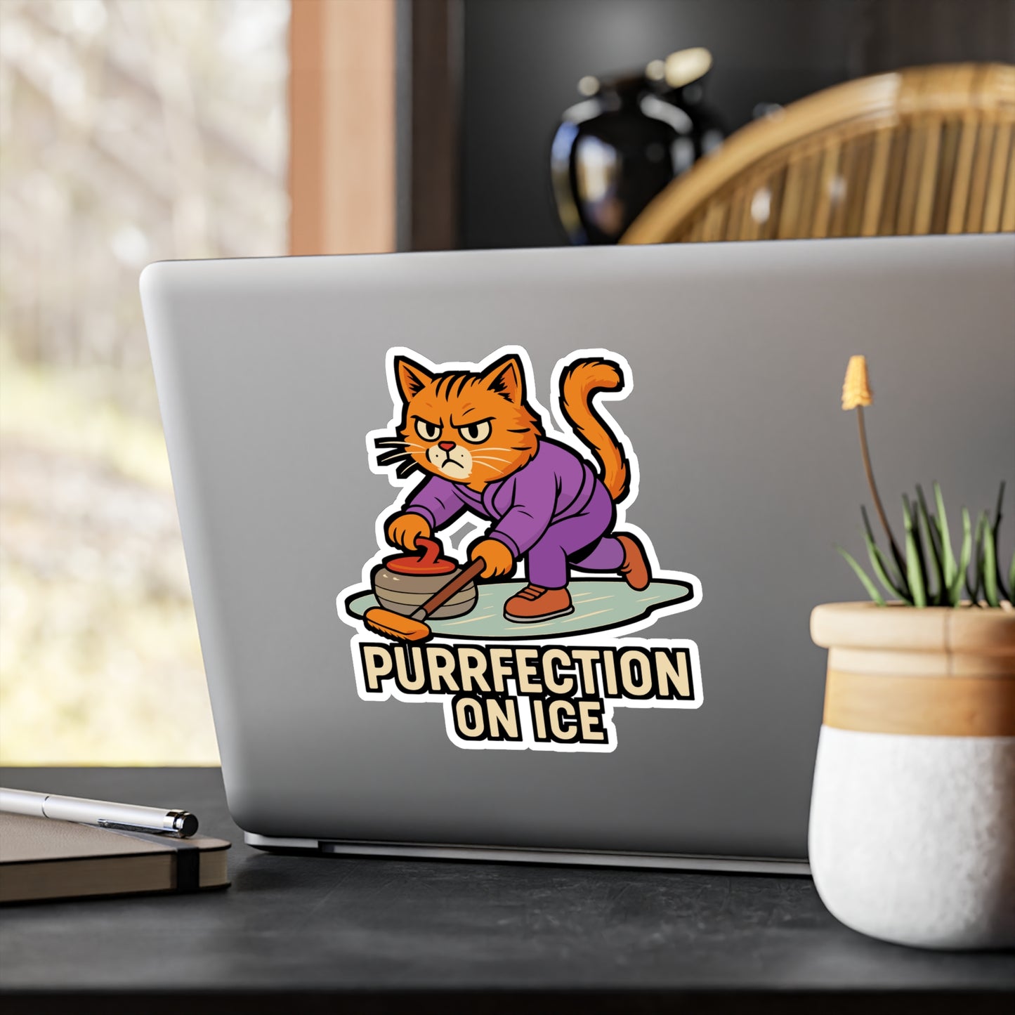 Purrfection on Ice - Curling Sticker for Laptop, Water Bottle - Fun Gift for Curling Fans and Cat Lovers
