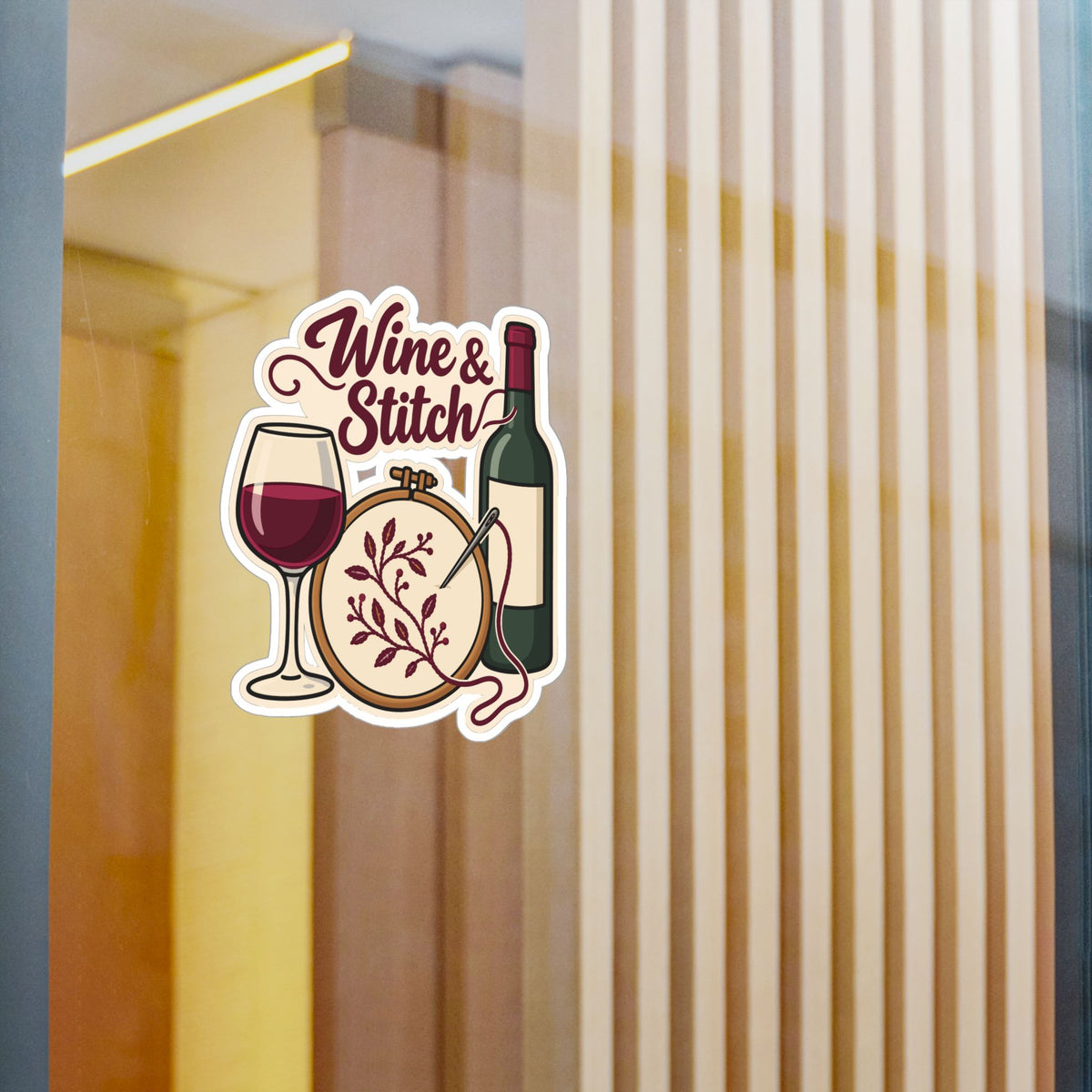 Embroidery Sticker - Wine & Stitch Design for Needlework and Stitching Fans, Crafting Decals for Laptop or Water Bottle