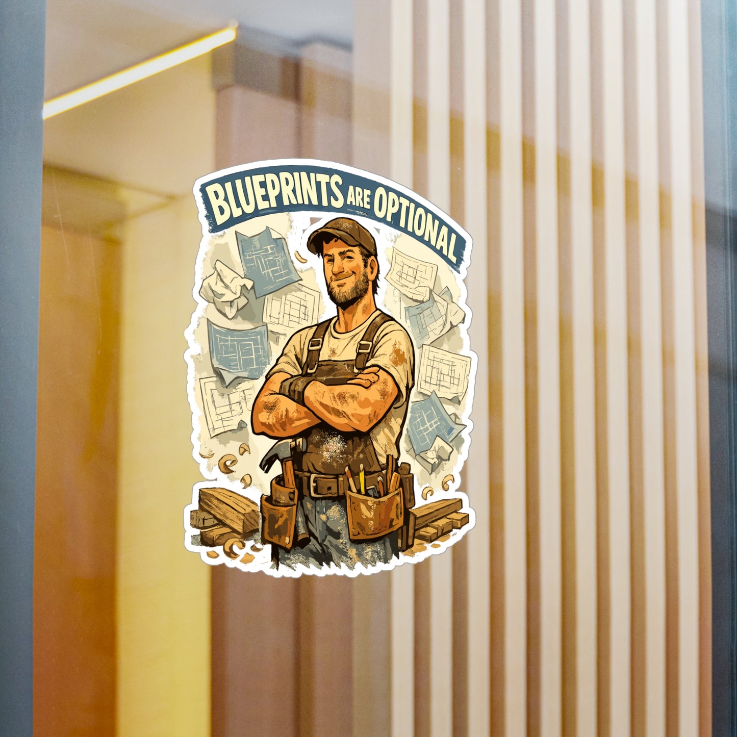 Carpenter Sticker "Blueprints Are Optional" Funny Woodworker Decals, Waterproof Vinyl for Laptop, Water Bottle