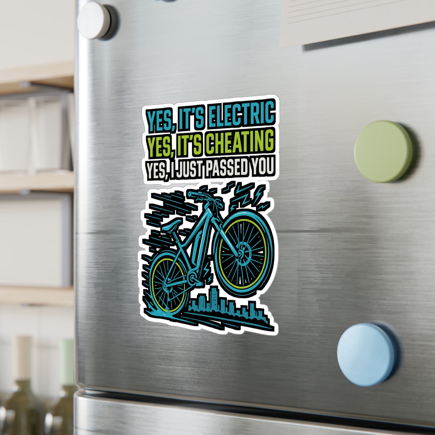 E Bike Sticker – "Yes It's Electric Yes It's Cheating Yes I Just Passed You" Funny Decals for Electric Bike, Ecycling, Waterproof Vinyl for Helmet or Water Bottle