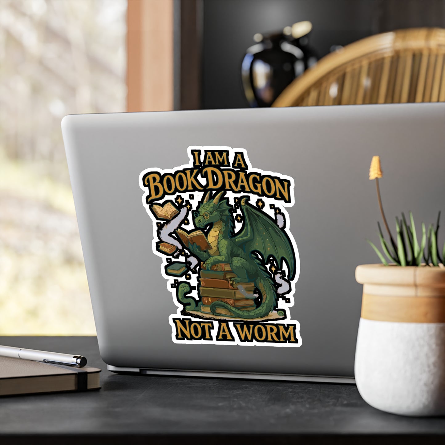 I Am A Book Dragon Not A Worm - Book Sticker for Laptop, Water Bottle, Readers Gift Idea
