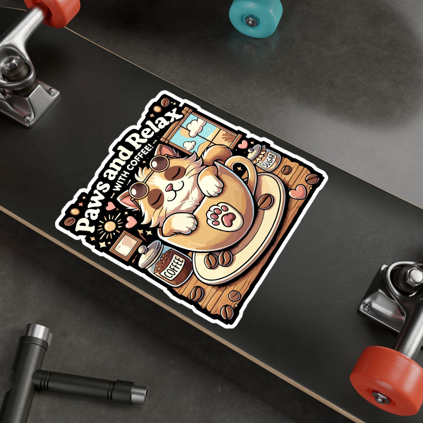 Paws and Relax with Coffee - Coffee Sticker for Laptop Sticker. Water Bottle Sticker, Vinyl Cat Decal - Coffee Gift